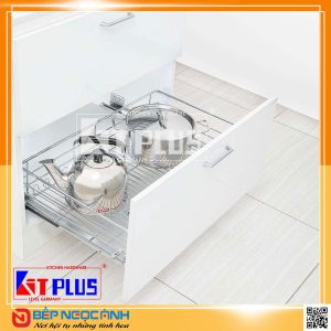 Giá xoong nồi nan tròn Inox mờ, ray giảm chấn Kit Plus DG60S